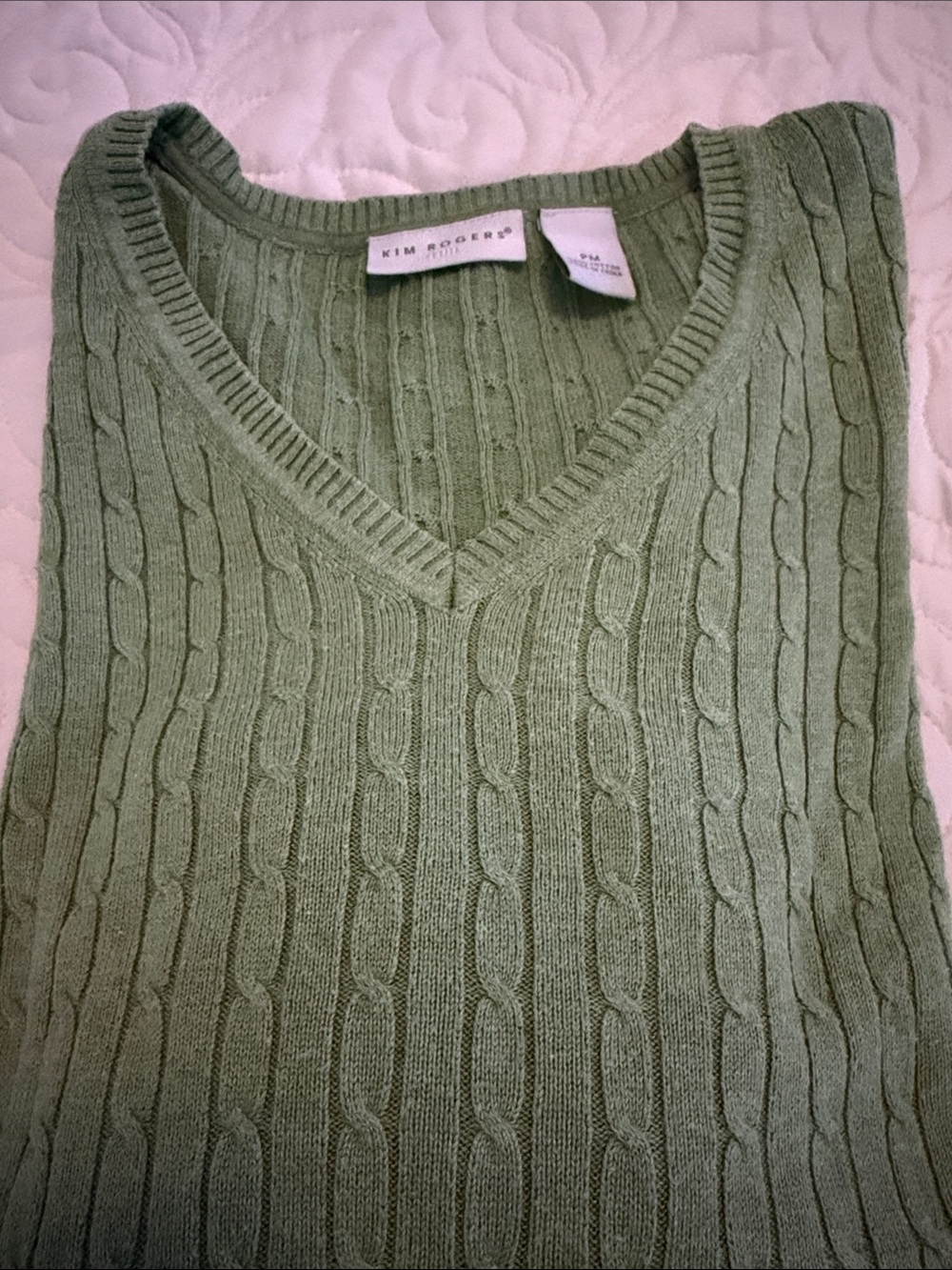 Kim Rogers Cable Knit V-Neck Sweater - Kelly Green